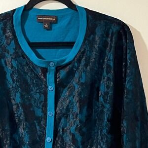 Dana Buchman Teal/Black Lace Cardigan Size L Crochet Overlay Button Sweater Top